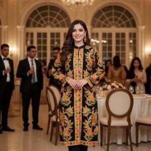 Pure Woolen Long Coat with full Kashmiri Ari Embroidery in Golden and Black