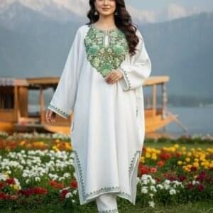 Beautiful Aari Work Pheran in Cashmilon White Colour