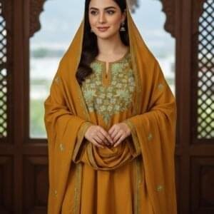 Beautiful Aari Work 3 pc Pheran in Cashmilon Mustard Colour