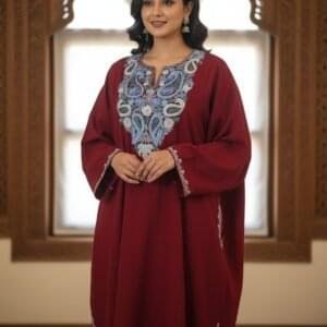 Beautiful Aari Work Pheran in Cashmilon Maroon Colour