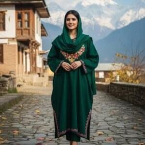 Beautiful Aari Work Pheran in Cashmilon Green Colour