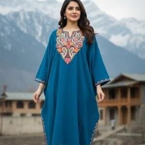Beautiful Aari Work Pheran in Cashmilon Fabric Sky Blue