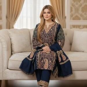 Heavy Cashmilon Phiran Set (3-Piece) with Machine Sozni Work Dark Blue