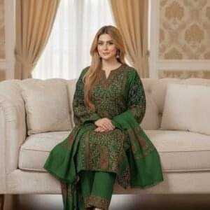 Heavy Cashmilon Phiran Set (3-Piece) with Machine Sozni Work Green Colour