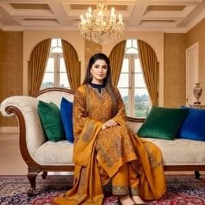 Heavy Cashmilon Phiran Set (3-Piece) with Machine Sozni Work Mustard Colour