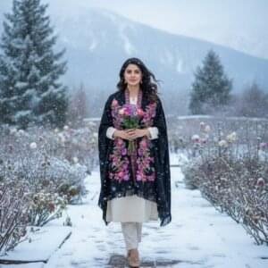 Kashmiri Woollen Cape Shawl with Hand Ari Embroidery - Black
