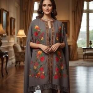 Kashmiri Woollen Cape Shawl with Hand Ari Embroidery - Grey