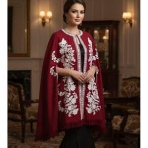 Kashmiri Woollen Cape Shawl with Hand Ari Embroidery - Red