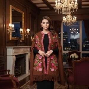 Kashmiri Woollen Cape Shawl with Hand Ari Embroidery - Brown