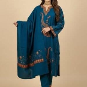 Elegant Poly Wool 3-Piece Suit with Matching Sozni Patch Work - Blue