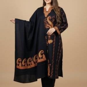 Elegant Poly Wool 3-Piece Suit with Matching Sozni Patch Work - Black